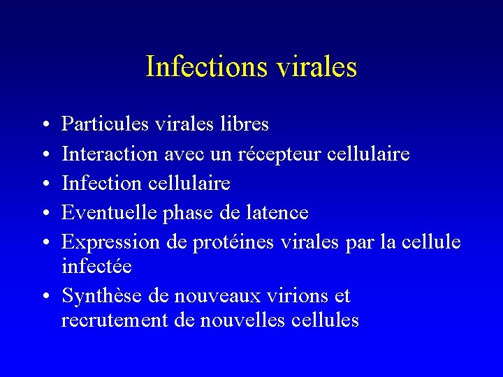 Infections virales • • • Particules virales libres Interaction avec un récepteur cellulaire Infection