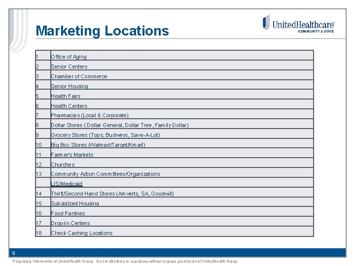 Marketing Locations 1 Office of Aging 2 Senior Centers 3 Chamber of Commerce 4 Marketing Locations 1 Office of Aging 2 Senior Centers 3 Chamber of Commerce 4