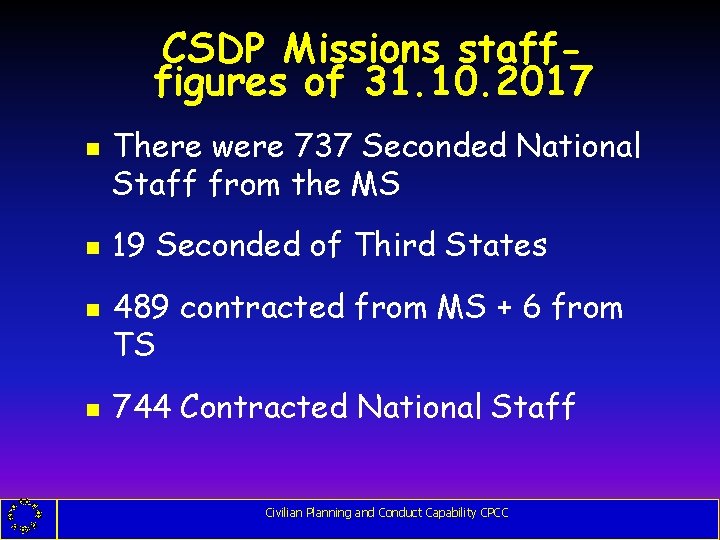CSDP Missions stafffigures of 31. 10. 2017 g g There were 737 Seconded National