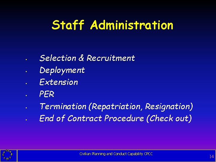 Staff Administration • • • Selection & Recruitment Deployment Extension PER Termination (Repatriation, Resignation)