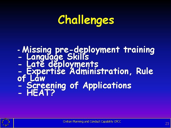 Challenges - Missing pre-deployment training - Language Skills - Late deployments - Expertise Administration,