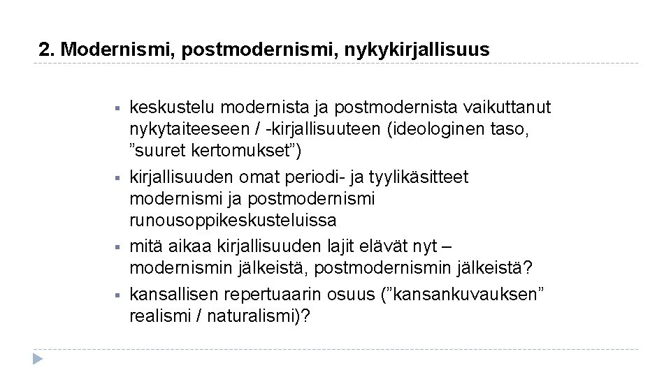 2. Modernismi, postmodernismi, nykykirjallisuus § keskustelu modernista ja postmodernista vaikuttanut nykytaiteeseen / -kirjallisuuteen (ideologinen