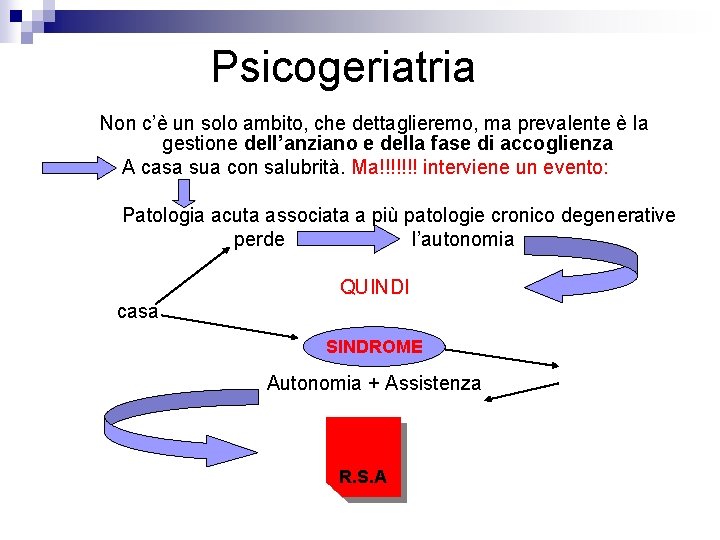 Psicogeriatria Non c’è un solo ambito, che dettaglieremo, ma prevalente è la gestione dell’anziano