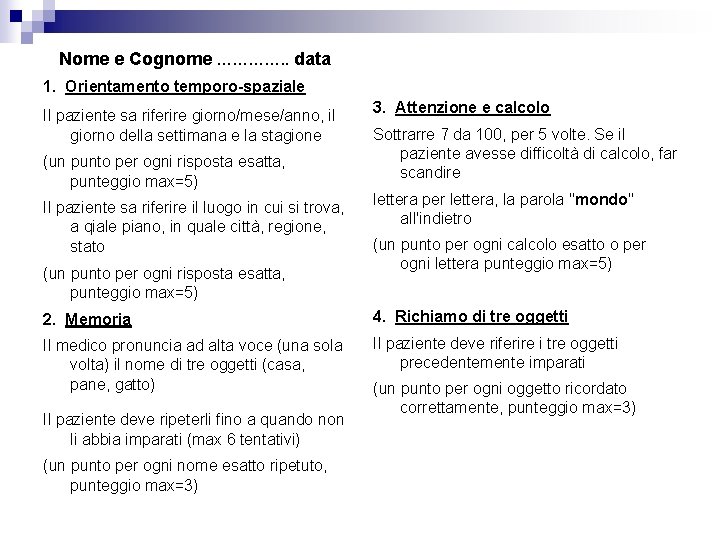 Nome e Cognome …………. . data 1. Orientamento temporo-spaziale Il paziente sa riferire giorno/mese/anno,
