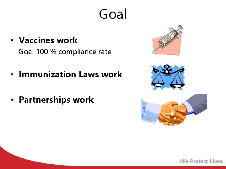 Goal • Vaccines work Goal 100 % compliance rate • Immunization Laws work •