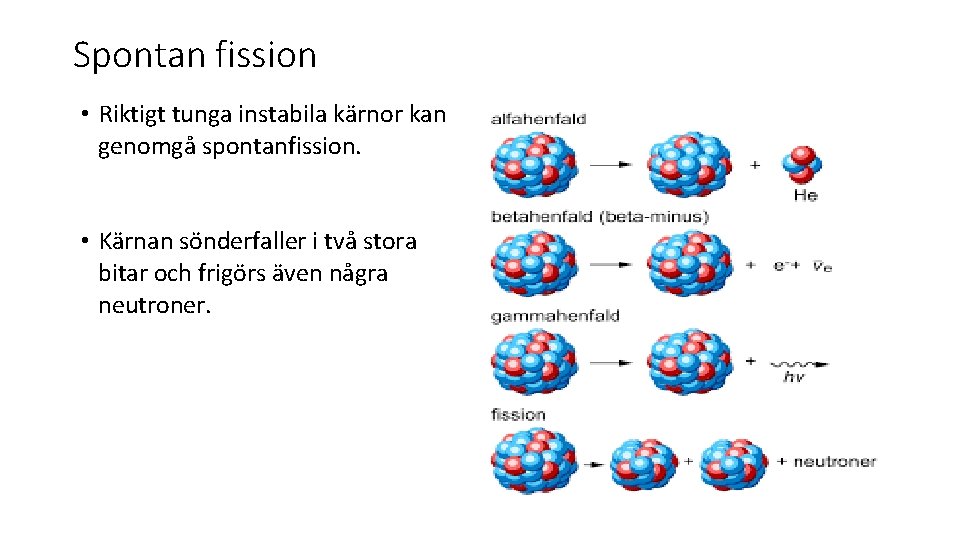 Spontan fission • Riktigt tunga instabila kärnor kan genomgå spontanfission. • Kärnan sönderfaller i