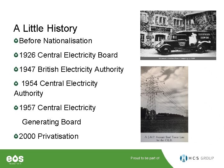 A Little History Before Nationalisation 1926 Central Electricity Board 1947 British Electricity Authority 1954