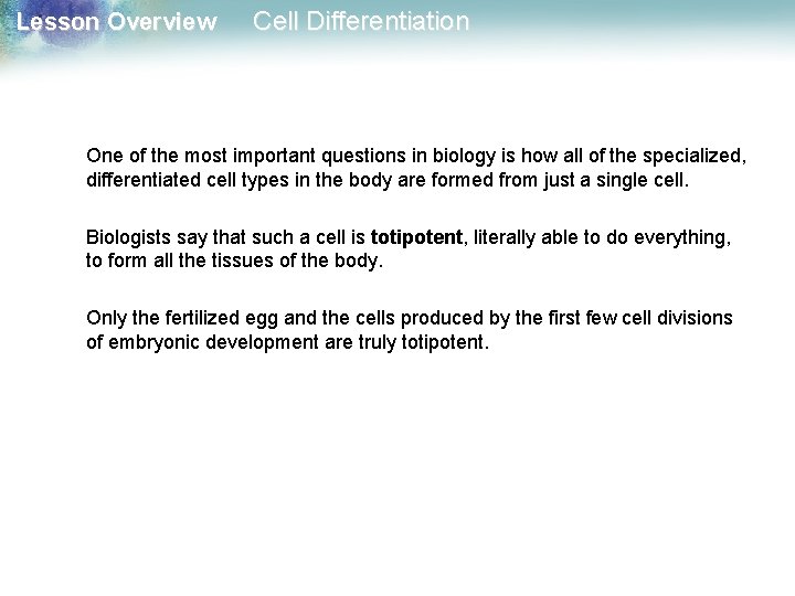 Lesson Overview Cell Differentiation One of the most important questions in biology is how Lesson Overview Cell Differentiation One of the most important questions in biology is how