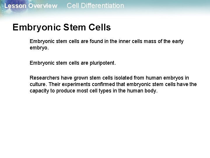 Lesson Overview Cell Differentiation Embryonic Stem Cells Embryonic stem cells are found in the Lesson Overview Cell Differentiation Embryonic Stem Cells Embryonic stem cells are found in the