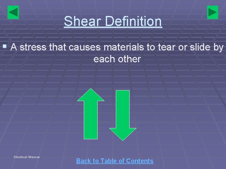 Shear Definition § A stress that causes materials to tear or slide by each