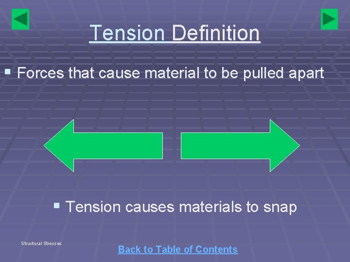 Tension Definition § Forces that cause material to be pulled apart § Tension causes