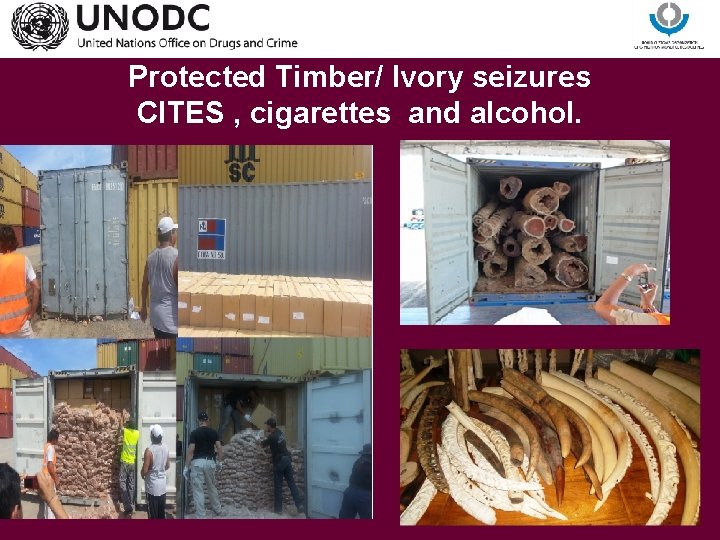 Protected Timber/ Ivory seizures CITES , cigarettes and alcohol. 
