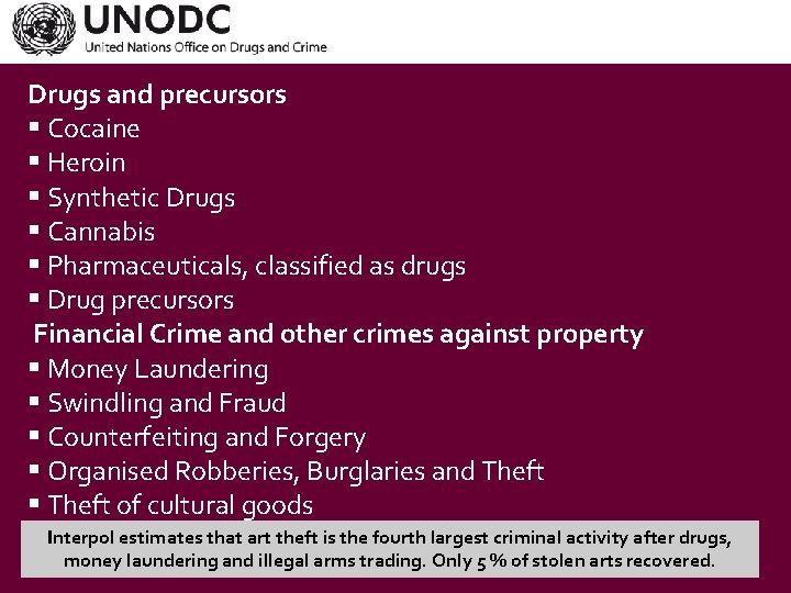 Drugs and precursors § Cocaine § Heroin § Synthetic Drugs § Cannabis § Pharmaceuticals,