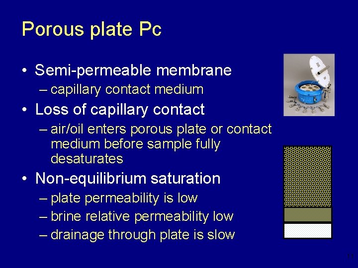 Porous plate Pc • Semi-permeable membrane – capillary contact medium • Loss of capillary