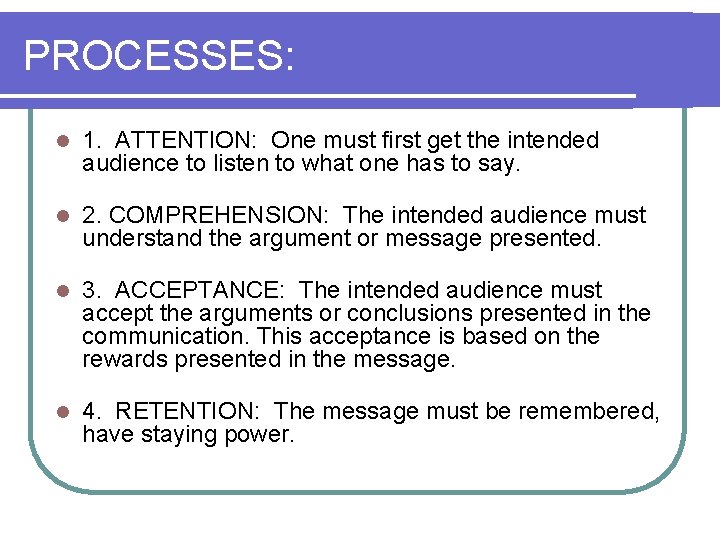 PROCESSES: l 1. ATTENTION: One must first get the intended audience to listen to