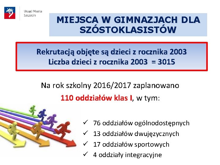 MIEJSCA W GIMNAZJACH DLA SZÓSTOKLASISTÓW Rekrutacją objęte są dzieci z rocznika 2003 Liczba dzieci