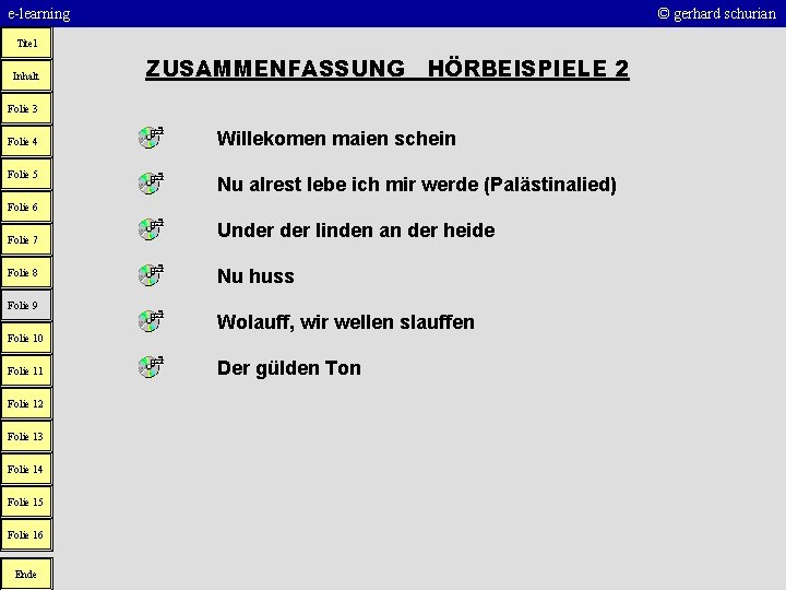 e-learning © gerhard schurian Titel Inhalt ZUSAMMENFASSUNG HÖRBEISPIELE 2 Folie 3 Folie 4 Folie