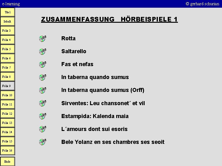 e-learning © gerhard schurian Titel Inhalt ZUSAMMENFASSUNG HÖRBEISPIELE 1 Folie 3 Folie 4 Folie