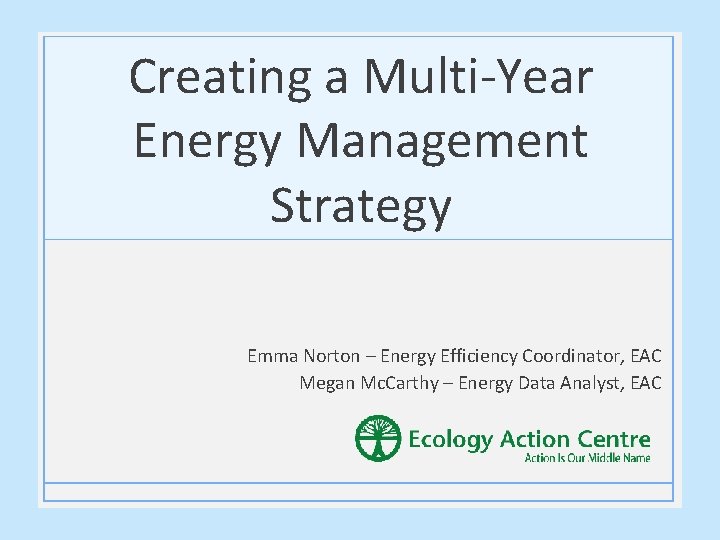 Creating a Multi-Year Energy Management Strategy Emma Norton – Energy Efficiency Coordinator, EAC Megan