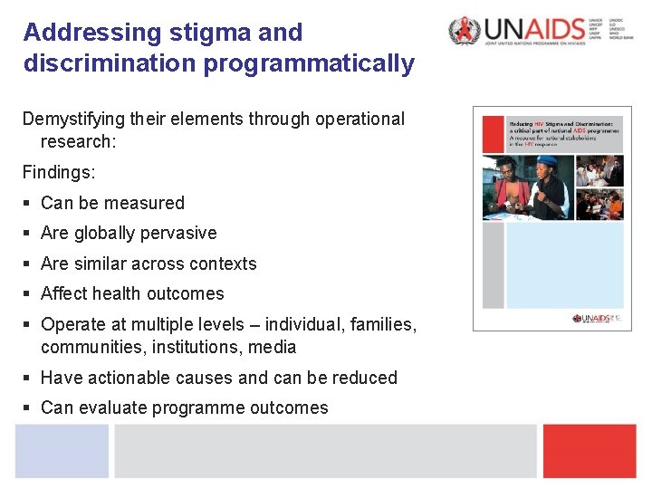 Addressing stigma and discrimination programmatically Demystifying their elements through operational research: Findings: § Can