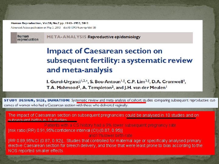 The impact of Caesarean section on subsequent pregnancies could be analysed in 10 studies