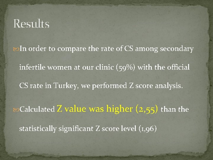 Results In order to compare the rate of CS among secondary infertile women at