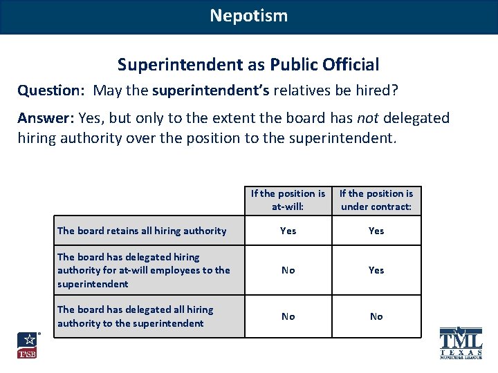 Nepotism Superintendent as Public Official Question: May the superintendent’s relatives be hired? Answer: Yes,