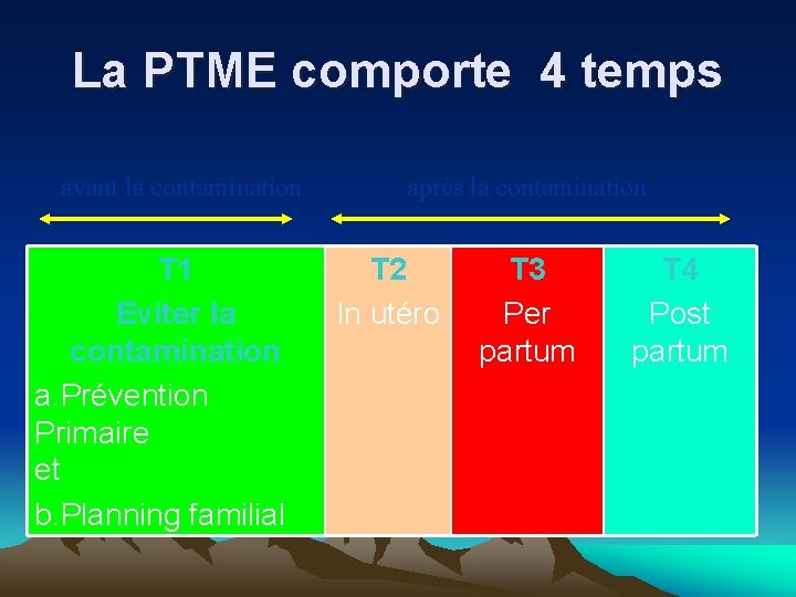 La PTME comporte 4 temps avant la contamination après la contamination T 1 T