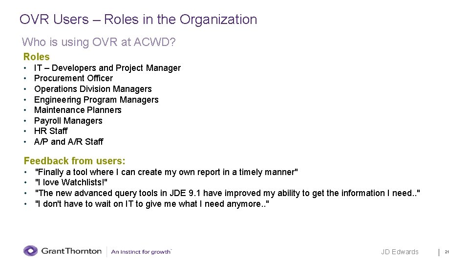 OVR Users – Roles in the Organization Who is using OVR at ACWD? Roles