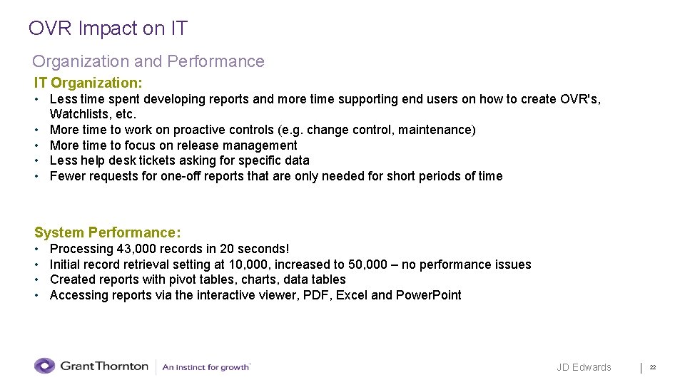 OVR Impact on IT Organization and Performance IT Organization: • Less time spent developing