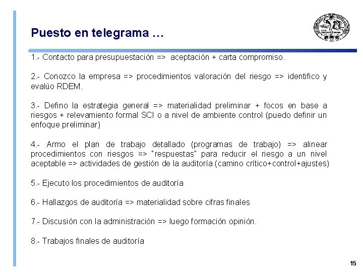 Puesto en telegrama … 1. - Contacto para presupuestación => aceptación + carta compromiso.
