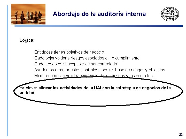 Abordaje de la auditoría interna Lógica: Entidades tienen objetivos de negocio Cada objetivo tiene