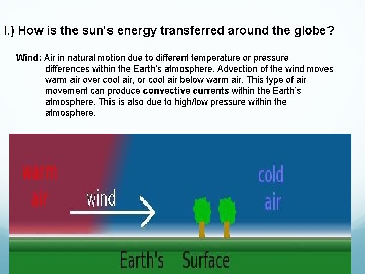 I. ) How is the sun’s energy transferred around the globe? Wind: Air in