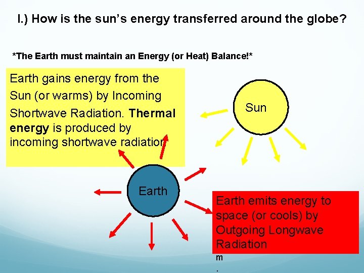 I. ) How is the sun’s energy transferred around the globe? *The Earth must