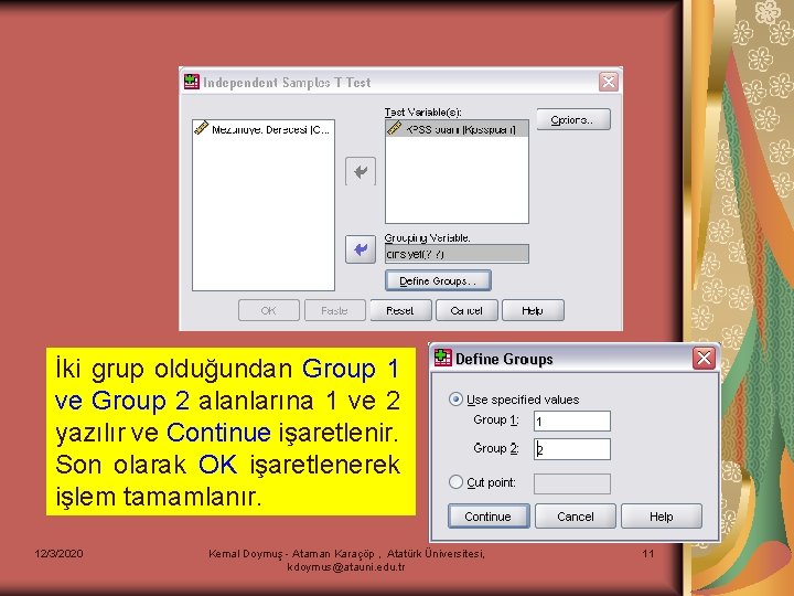 İki grup olduğundan Group 1 ve Group 2 alanlarına 1 ve 2 yazılır ve