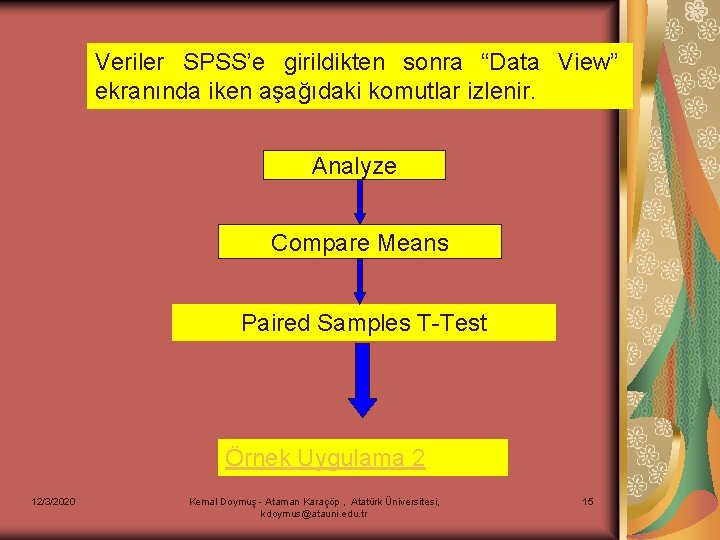 Veriler SPSS’e girildikten sonra “Data View” ekranında iken aşağıdaki komutlar izlenir. Analyze Compare Means