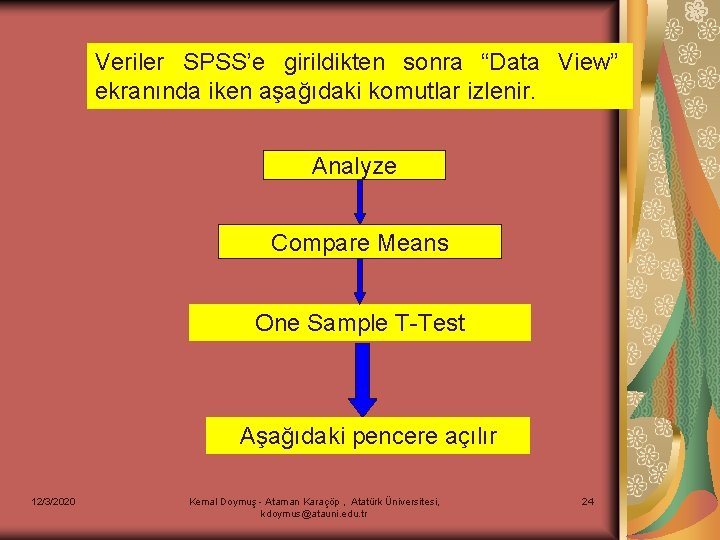 Veriler SPSS’e girildikten sonra “Data View” ekranında iken aşağıdaki komutlar izlenir. Analyze Compare Means