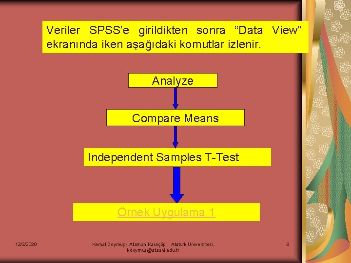 Veriler SPSS’e girildikten sonra “Data View” ekranında iken aşağıdaki komutlar izlenir. Analyze Compare Means