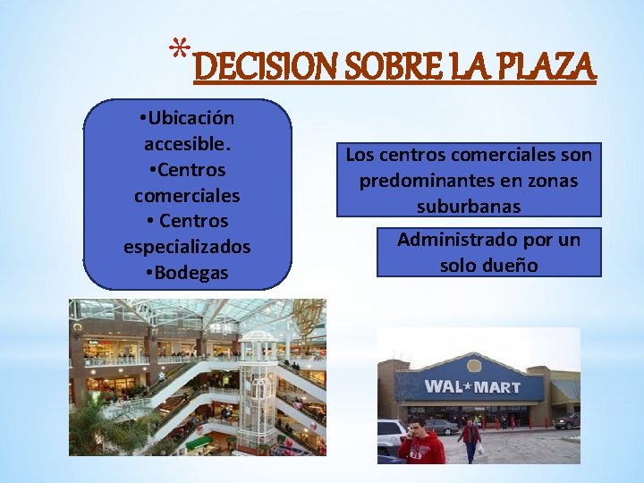 *DECISION SOBRE LA PLAZA • Ubicación accesible. • Centros comerciales • Centros especializados •