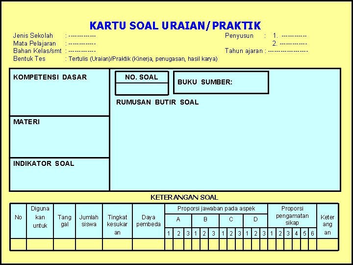 KARTU SOAL URAIAN/PRAKTIK Jenis Sekolah Mata Pelajaran Bahan Kelas/smt Bentuk Tes : ------------: Tertulis