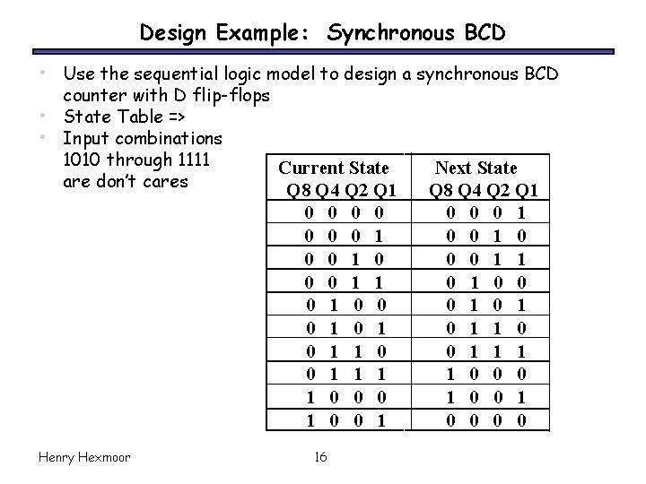 Design Example: Synchronous BCD • Use the sequential logic model to design a synchronous