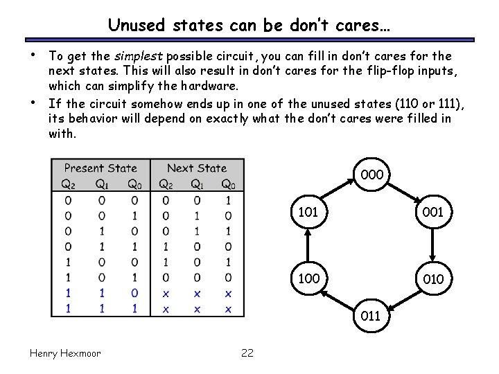 Unused states can be don’t cares… • • To get the simplest possible circuit,