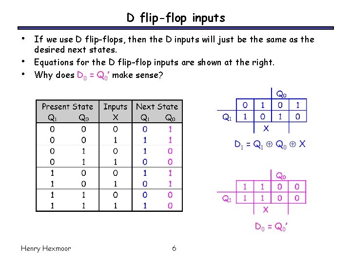 D flip-flop inputs • • • If we use D flip-flops, then the D