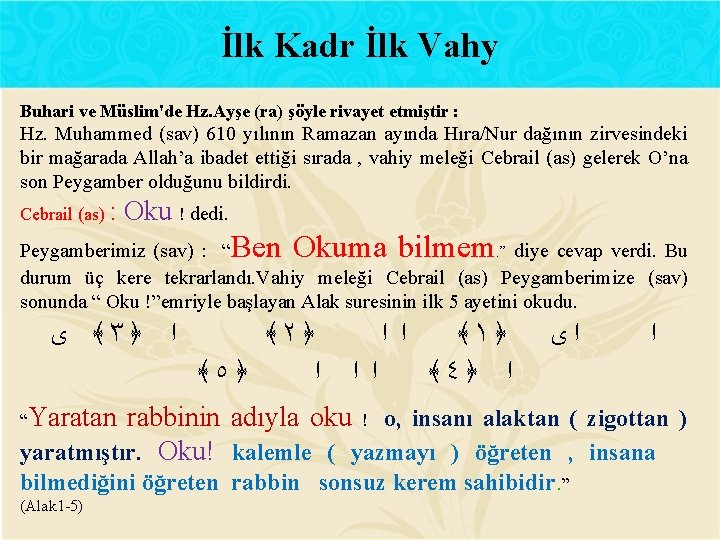 İlk Kadr İlk Vahy Buhari ve Müslim'de Hz. Ayşe (ra) şöyle rivayet etmiştir :