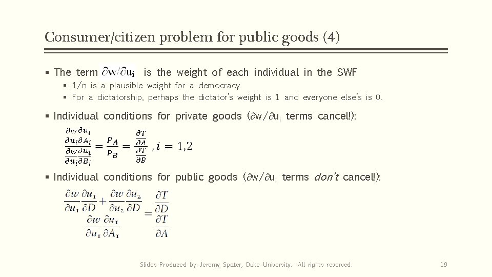 Consumer/citizen problem for public goods (4) § The term is the weight of each