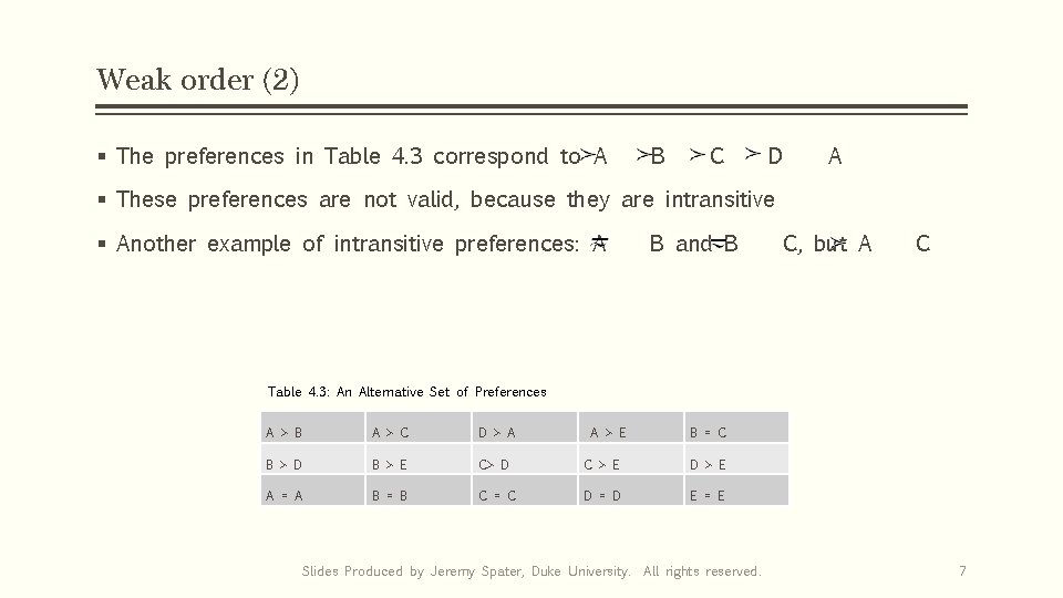 Weak order (2) § The preferences in Table 4. 3 correspond to A B