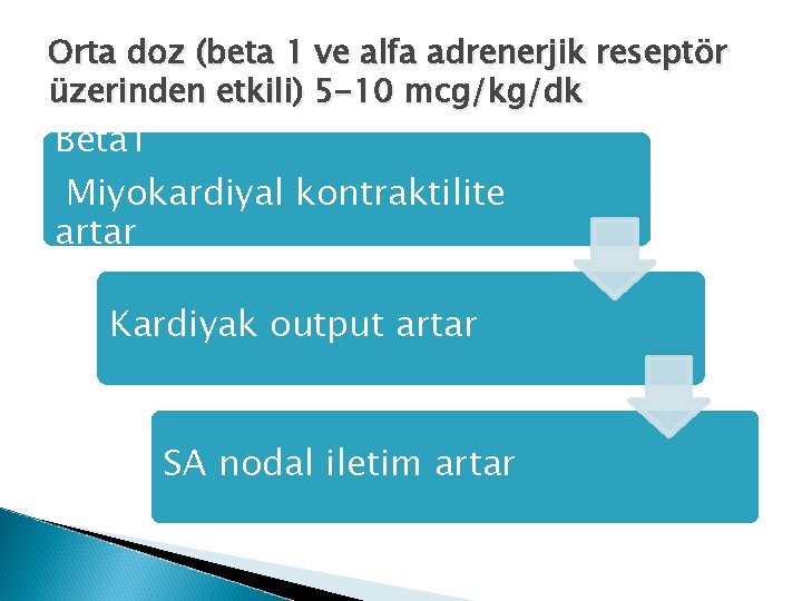 Orta doz (beta 1 ve alfa adrenerjik reseptör üzerinden etkili) 5 -10 mcg/kg/dk Beta