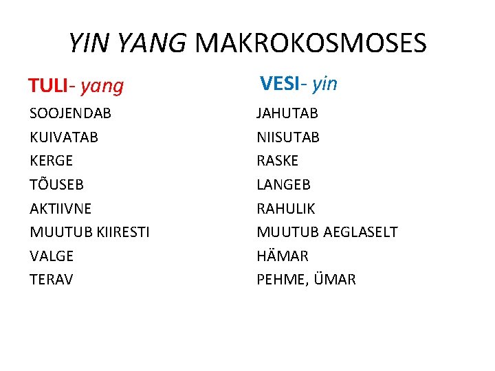 YIN YANG MAKROKOSMOSES TULI- yang VESI- yin SOOJENDAB KUIVATAB KERGE TÕUSEB AKTIIVNE MUUTUB KIIRESTI YIN YANG MAKROKOSMOSES TULI- yang VESI- yin SOOJENDAB KUIVATAB KERGE TÕUSEB AKTIIVNE MUUTUB KIIRESTI