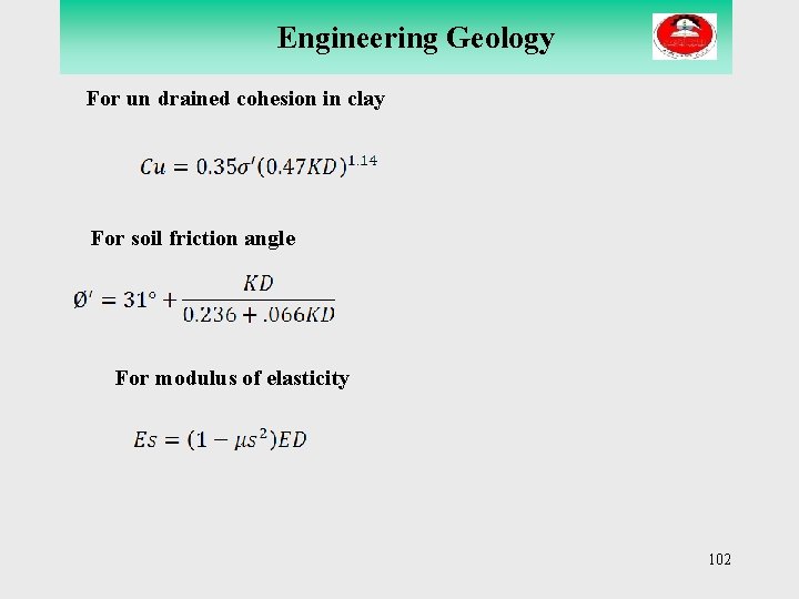 Engineering Geology For un drained cohesion in clay For soil friction angle For modulus