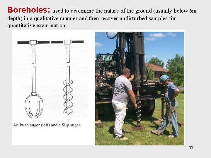 Boreholes: used to determine the nature of the ground (usually below 6 m depth)